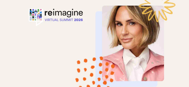 Keltie Knight, Reimagine Virtual Summit 2026 speaker, in a pink jacket beside the Summit lockup with orange dots and a yellow burst