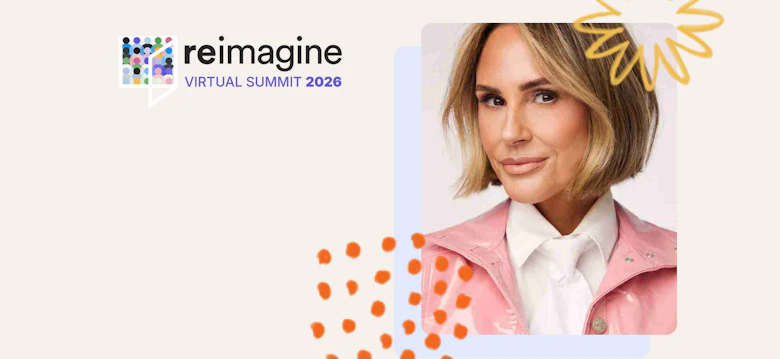 Keltie Knight, Reimagine Virtual Summit 2026 speaker, in a pink jacket beside the Summit lockup with orange dots and a yellow burst