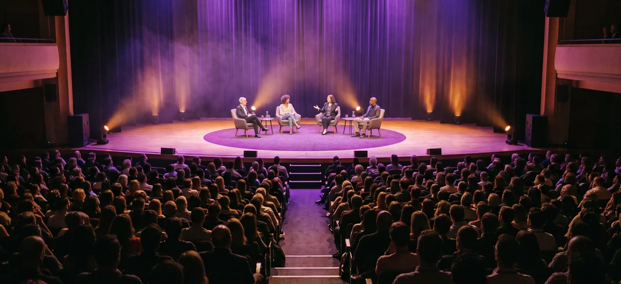 A panel of four speakers seated on a round rug on the Main Stage, in front of a full auditorium under violet light